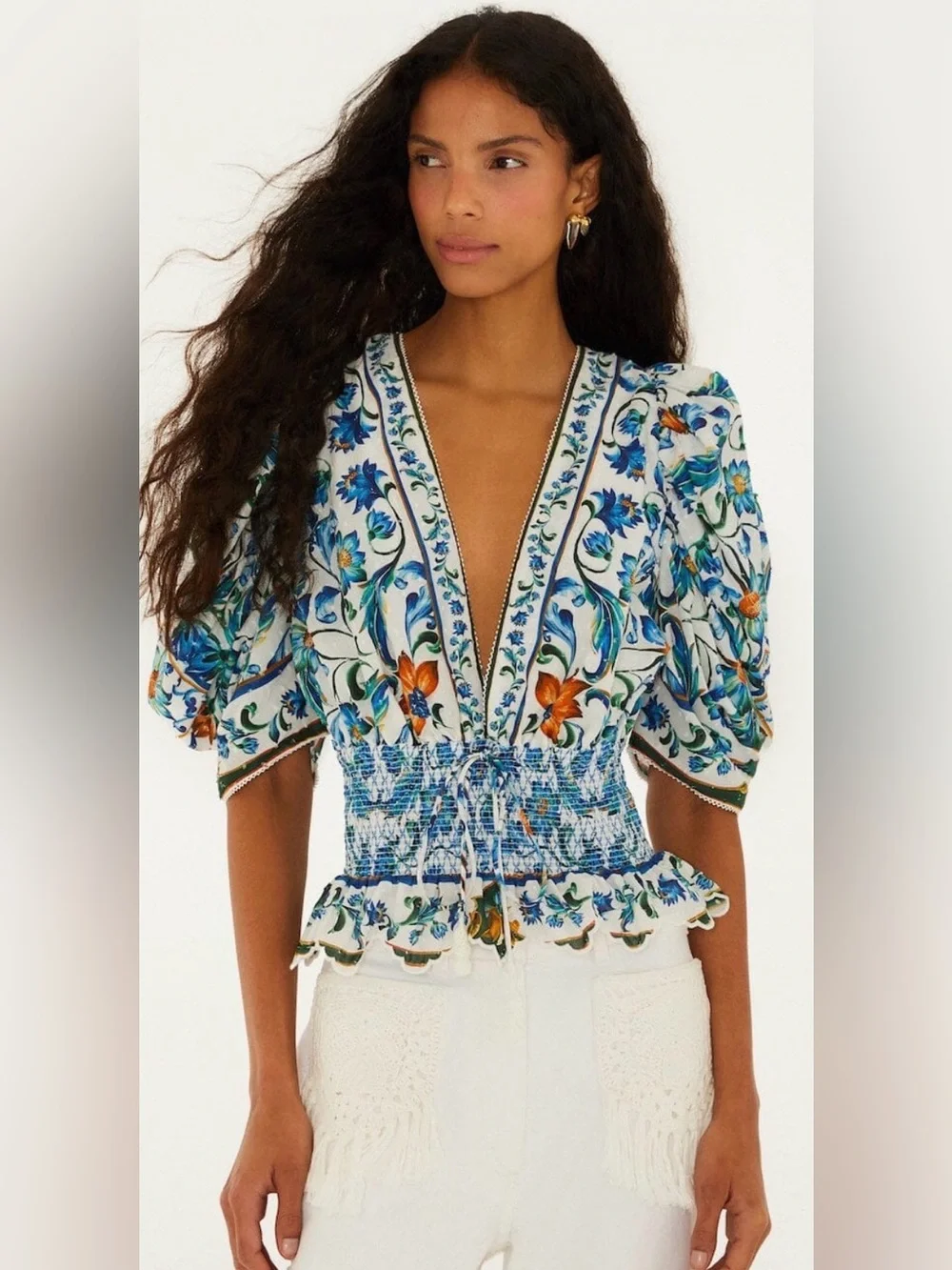FARM Rio Off-White Floral Tile Smocked V-Neck Blouse